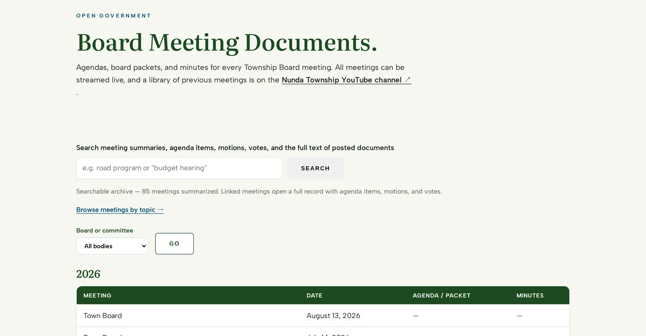 Agendas and minutes archive organized by year and board with a search box and a searchable-archive count