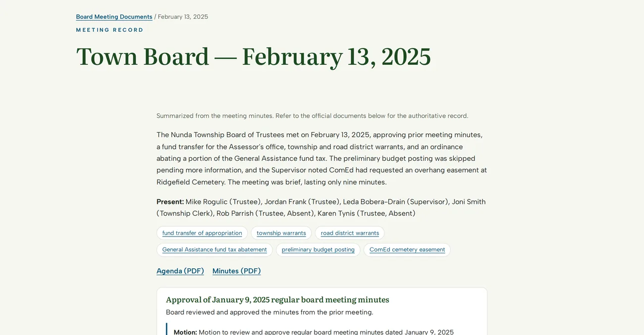 A public meeting record page showing a plain-language summary, attendees, and agenda items with motions, votes, and color-coded outcomes