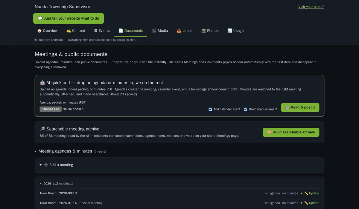 The dashboard documents tab where staff upload an agenda or minutes PDF and the AI reads, files, and publishes it