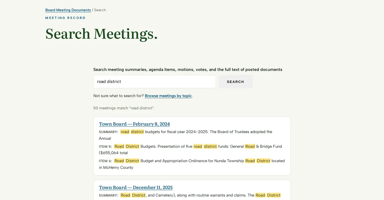 A township website's meeting search: the query 'road district' returns 50 meetings with matching budget items and summaries highlighted
