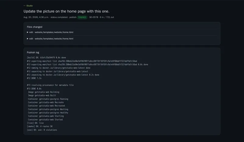 A completed change session showing the publish gate PASSED: build OK, all routes OK, accessibility scan zero violations