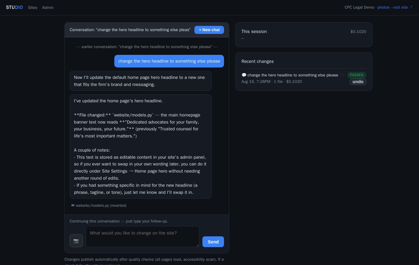 Studio chat: a request to change the headline, with the AI's reply and the live cost shown