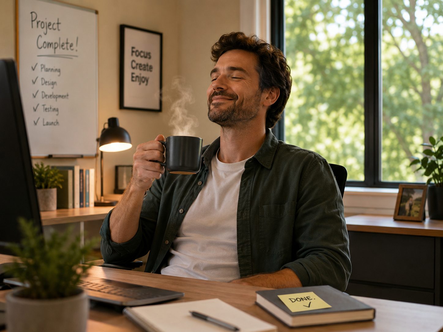 A thoughtful small-business owner taking a break with a cup of coffee, smiling in a bright, casual setting.
